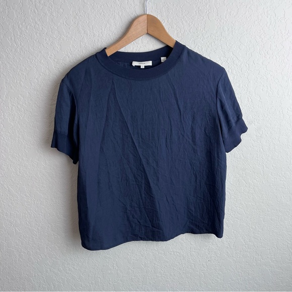 Vince Top Rib Trim Coastal Satin Crepe Crewneck Short Sleeve Relaxed - Picture 4 of 12